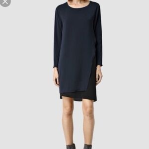 Allsaints Navy Blue/Black Roder Japanese Cloth Silk Blend Dress Size: 0